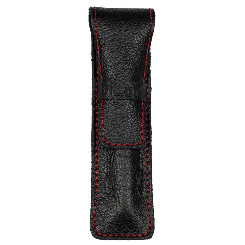 DiLoro Full Grain Leather Single Pen Case Holder Pouch Pencil Organizer (Buffalo Black w Red) - Image 1